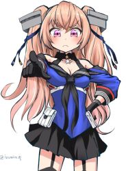 Rule 34 | 1girl, bad id, bad twitter id, black gloves, black skirt, black thighhighs, blue shirt, breasts, cleavage, cowboy shot, frown, garter straps, gloves, hand on own hip, izumikuma, johnston (kancolle), kantai collection, light brown hair, long hair, medium breasts, off shoulder, one-hour drawing challenge, pleated skirt, red eyes, sailor collar, school uniform, serafuku, shirt, simple background, skirt, solo, standing, thighhighs, twitter username, two side up, white background