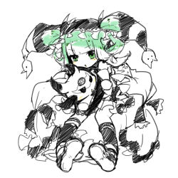 Rule 34 | &gt;:o, 1girl, :o, astaroth (p&amp;d), blunt bangs, bow, cauchemar (p&amp;d), creature, dress, frilled bow, frilled dress, frills, green eyes, green hair, hairband, hat, highres, holding, horns, jester cap, kneehighs, matching hair/eyes, pigeon-toed, pikomarie, puzzle &amp; dragons, short hair, simple background, sketch, socks, solo, spot color, twintails, v-shaped eyebrows, white background