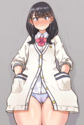 Rule 34 | 10s, 1girl, bad id, bad pixiv id, black hair, blue eyes, blush, bow, bowtie, breasts, cameltoe, cardigan, cleft of venus, collared shirt, cowboy shot, from below, frown, geso smith, grey background, gridman universe, hands in pockets, highres, looking at viewer, medium hair, panties, shadow, shiny skin, shirt, simple background, small breasts, solo, ssss.gridman, standing, striped clothes, striped panties, takarada rikka, thighs, underwear