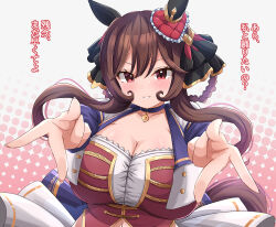 1girl animal_ears black_ribbon blue_choker blush bow braid breasts brown_hair choker cleavage commentary_request double_gyaru_v ear_covers ear_ornament ear_ribbon gentildonna_(umamusume) gradient_background gyaru_v horse_ears horse_girl horse_tail large_breasts liukensama long_hair looking_at_viewer polka_dot polka_dot_background red_eyes ribbon smile starting_future_(umamusume) tail translation_request umamusume v