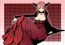 Rule 34 | 10s, 1girl, argyle, argyle background, argyle clothes, breasts, brown eyes, brown hair, choker, cleavage, crossed legs, dress, horns, huge breasts, long hair, looking at viewer, maou (maoyuu), maoyuu maou yuusha, nakahira guy, red dress, sitting, smile, solo
