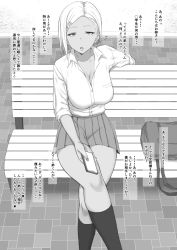 Rule 34 | 1girl, bag, breasts, cellphone, cleavage, collarbone, collared shirt, ear piercing, earrings, fang, feet out of frame, gomu (chewinggom), greyscale, gyaru, hair behind ear, highres, holding, holding phone, jewelry, kneehighs, large breasts, looking at viewer, miniskirt, mole, mole under eye, monochrome, on bench, open mouth, original, partially unbuttoned, phone, piercing, pleated skirt, school bag, shirt, short-hair, sitting, skirt, sleeves rolled up, smartphone, socks, solo, speech bubble, thighs, translation request, white shirt