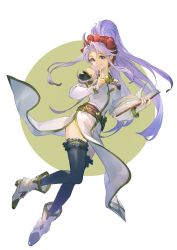 Rule 34 | 1girl, belt, black thighhighs, bomssp, book, bridal gauntlets, closed mouth, dress, fire emblem, fire emblem: genealogy of the holy war, full body, highres, holding, holding book, index finger raised, long hair, nintendo, open book, ponytail, purple eyes, purple hair, side slit, simple background, smile, solo, tailtiu (fire emblem), thighhighs