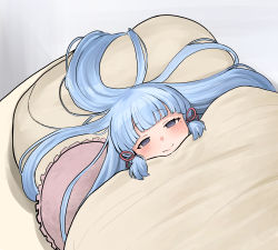 Rule 34 | 1girl, absurdres, ayaka (genshin impact), bed, bed sheet, blue eyes, blue hair, blush, chroong, genshin impact, hair ribbon, highres, hime cut, looking at viewer, lying, mole, mole under eye, on back, on bed, pillow, red ribbon, ribbon, sidelocks, smile, solo