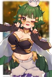 Rule 34 | 1girl, aridonall, black gloves, breasts, brown eyes, cleavage, commission, corrupted twitter file, crop top, elbow gloves, fingerless gloves, gloves, green hair, highres, large breasts, looking at viewer, navel, one eye closed, original, short hair, solo