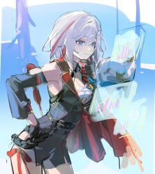Rule 34 | 1girl, armpits, belt, belt buckle, black gloves, blue background, blue eyes, blush, bodysuit, breasts, buckle, button gap, cape, cleavage, collar, detached sleeves, finger to own chin, gloves, hair between eyes, hair ornament, highres, honkai: star rail, honkai (series), looking to the side, mecroty, medium breasts, multicolored hair, numby (honkai: star rail), red cape, red hair, red ribbon, ribbon, smile, thighs, topaz (honkai: star rail), trotter (honkai: star rail), white hair
