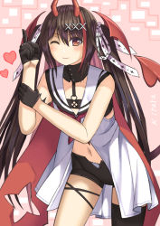 Rule 34 | 1girl, ;), bad id, bad pixiv id, bare shoulders, black gloves, black hair, black shorts, blush, brown eyes, closed mouth, commentary request, demon girl, demon horns, demon tail, demon wings, dress, gloves, hair between eyes, hair ornament, half gloves, hand up, head wings, horns, index finger raised, long hair, multicolored hair, navel, noripro, one eye closed, ouma kirara, red hair, red wings, revision, sailor collar, sailor dress, short shorts, shorts, sleeveless, sleeveless dress, smile, solo, streaked hair, tail, tukino neru, two-tone hair, two side up, very long hair, virtual youtuber, white dress, white sailor collar, wings, x hair ornament
