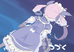 Rule 34 | 1girl, afloat, blade (galaxist), blue ribbon, bow, dress, face down, frilled dress, frills, gundam, gundam wing, hair ribbon, hololive, long hair, lying, maid headdress, meme, minato aqua, minato aqua (1st costume), on stomach, parody, partially submerged, puffy short sleeves, puffy sleeves, purple hair, ribbon, short sleeves, solo, to be continued, translated, twintails, virtual youtuber, water, white bow, wrist cuffs