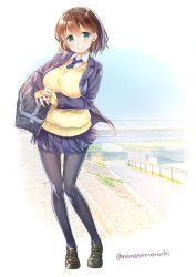 Rule 34 | 1girl, ai-chan (tawawa), bag, black pantyhose, blazer, blush, braid, breasts, bridge, briefcase, brown hair, duffel bag, full body, getsuyoubi no tawawa, green eyes, hair ornament, hand on hand, jacket, large breasts, loafers, looking at viewer, loose necktie, nanase meruchi, necktie, open clothes, open jacket, pantyhose, path, pleated skirt, road, school bag, school briefcase, school uniform, shirt, shoes, short hair, side braid, signature, skirt, smile, solo, sweater, sweater vest, thigh gap, twitter username, v-neck, yellow sweater vest