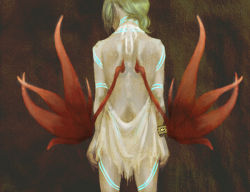 Rule 34 | 1girl, back, back focus, backless dress, backless outfit, bare back, bare shoulders, bracelet, breath of fire, breath of fire v, dress, from behind, green hair, jewelry, nina (breath of fire v), pr (puru), red wings, short hair, solo, wings