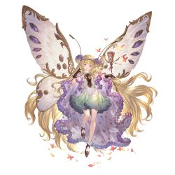 Rule 34 | 1girl, antennae, black gloves, blonde hair, blush, breasts, bug, butterfly, butterfly wings, cape, double bun, dress, fairy, floating, floating hair, flower, full body, gloves, granblue fantasy, hair bun, hair flower, hair ornament, insect, insect wings, long hair, looking at viewer, parted lips, petals, purple eyes, shoes, small breasts, smile, solo, sylph (granblue fantasy), transparent background, wings