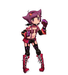 Rule 34 | 1girl, boots, brass knuckles, clenched hands, criminal girls, cross-laced footwear, detached sleeves, full body, garter straps, gloves, hairband, highres, ichihaya, navel, official art, pigeon-toed, red hair, sako (criminal girls), serious, short hair, simple background, solo, suspenders, thighhighs, weapon, white background