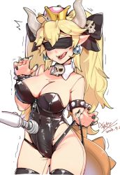 Rule 34 | 1girl, 2018, ^^^, armlet, artist request, black panties, black thighhighs, blindfold, blonde hair, blush, bodysuit, bodysuit under clothes, bowsette, bracelet, breasts, bulge, cleavage, collar, crown, dated, detached collar, earrings, erection, erection under clothes, forked eyebrows, hair between eyes, hair ribbon, hitachi magic wand, horns, jewelry, large breasts, leotard, mario (series), new super mario bros. u deluxe, nintendo, panties, parted bangs, pointy ears, ribbon, see-through bodysuit, sex toy, shaking, sharp teeth, signature, simple background, spiked armlet, spiked bracelet, spikes, standing, super crown, teeth, thick eyebrows, thighhighs, thighs, twintails, underwear, vibrator, white background, zipper