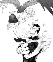Rule 34 | 2boys, absurdres, aged down, bodysuit, boku no hero academia, character doll, child, covered abs, endeavor (boku no hero academia), facial hair, feathered wings, fire, flying, full body, greyscale, hawks (boku no hero academia), helen roro, highres, male focus, mature male, monochrome, multiple boys, muscular, muscular male, pectorals, short hair, sideburns, spiked hair, stubble, upper body, vambraces, wings