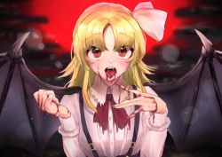 Rule 34 | 1girl, arms up, ascot, bad id, bad pixiv id, bat wings, blonde hair, blood, blood in mouth, blood on face, blood on hands, blurry, bokeh, cloud, depth of field, eyes visible through hair, fangs, fingernails, full moon, hair ribbon, hayasumi ( holiday ha), highres, kurumi (touhou), long hair, long sleeves, looking at viewer, moon, nail polish, night, open mouth, outdoors, parted bangs, red ascot, red eyes, red moon, red nails, ribbon, sharp fingernails, shirt, skirt, solo, suspender skirt, suspenders, teeth, touhou, touhou (pc-98), upper body, upper teeth only, vampire, white shirt, wings