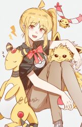 Rule 34 | 1girl, 3others, ahoge, ampharos, black shirt, blonde hair, bocchi the rock!, bow, bowtie, braid, braided ponytail, brown pants, canis428, chingling, collared shirt, creatures (company), flat chest, game freak, gen 1 pokemon, gen 2 pokemon, gen 4 pokemon, highres, holding, holding poke ball, ijichi nijika, jolteon, lightning bolt symbol, looking at viewer, multiple others, nintendo, orange eyes, pants, poke ball, poke ball print, pokemon, pokemon (creature), polka dot bowtie, red bow, red bowtie, shirt, short sleeves, side ponytail, sidelocks, signature, sitting, socks, suspenders, white background, white socks, yellow theme, zzz