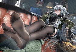 Rule 34 | 1girl, absurdres, arknights, bm (bm364364), couch, feet, grey hair, highres, light blush, long hair, looking at viewer, red eyes, see-through, see-through legwear, shaded face, skadi (arknights), soles, steam, thighhighs, toes
