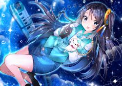 Rule 34 | 1girl, :3, :d, animal, aqua flower, aqua rose, aqua vest, armband, artist request, black footwear, black hair, blue eyes, blue skirt, blush, breasts, cat, commentary request, flower, hair ornament, highres, holding, krt girls, long hair, long sleeves, looking at viewer, medium breasts, no socks, one side up, open mouth, pencil skirt, rose, shirt, skirt, sky, smile, solo, sparks, star (sky), star (symbol), starry sky, train, uniform, vest, water drop, white shirt, xiao qiong