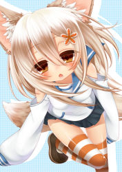 Rule 34 | 1girl, animal ears, blonde hair, blush, brown eyes, chestnut mouth, detached sleeves, fang, felt (inuue kiyu), fox ears, fox tail, hair ornament, hairclip, highres, inuue kiyu, long hair, looking at viewer, off shoulder, open mouth, original, shoes, skirt, sleeves past wrists, solo, striped clothes, striped thighhighs, tail, thighhighs, zettai ryouiki