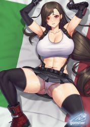 Rule 34 | 1girl, ankle boots, armpits, arms up, bare shoulders, belt, black belt, black hair, black skirt, black thighhighs, blush, boots, breasts, cameltoe, cleavage, closed mouth, collarbone, commentary request, crop top, earrings, elbow gloves, elbow pads, final fantasy, final fantasy vii, final fantasy vii remake, fingerless gloves, gloves, gonster, highres, italian flag, italian senate porn livestream (meme), italian senate porn livestream (meme), jewelry, large breasts, long hair, looking at viewer, lying, meme, midriff, navel, on back, panties, pantyshot, pleated skirt, red eyes, red footwear, shadow, shirt, sidelocks, signature, skindentation, skirt, solo, square enix, suspender skirt, suspenders, sweat, swept bangs, tank top, taut clothes, taut shirt, thighhighs, tifa lockhart, toned, underwear, white panties, white tank top, zettai ryouiki