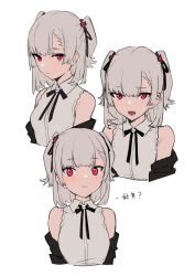 Rule 34 | 1girl, ?, aiko (kanl), bare shoulders, breasts, closed mouth, collared shirt, cropped torso, fangs, grey hair, grey shirt, hair ribbon, highres, looking at viewer, medium hair, mole, mole under eye, multiple views, neck ribbon, off shoulder, open mouth, original, red eyes, ribbon, shirt, simple background, sleeveless, sleeveless shirt, small breasts, tana (aiko), two side up, white background