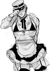 Rule 34 | 1boy, abs, alternate costume, aoi (husiginokuninoa), apron, bara, bra, crossdressing, enmaided, feet out of frame, frilled skirt, frills, golden kamuy, greyscale, hat, hat over eyes, highres, kepi, large pectorals, maid, maid apron, male focus, male maid, military hat, monochrome, muscular, muscular male, pectorals, revealing clothes, scar, scar on face, scar on leg, scar on mouth, scar on nose, short hair, shy, sidepec, skirt, solo, standing, sugimoto saichi, sweatdrop, thighhighs, thighs, underwear, waist apron, zettai ryouiki