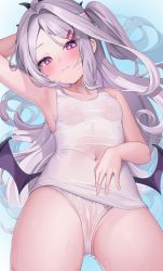 Rule 34 | 1girl, absurdres, ahoge, arm behind head, arm up, armpits, blue archive, blush, breasts, covered navel, gluteal fold, grey hair, hair ornament, hairclip, hand on own stomach, highres, hina (blue archive), long hair, lying, on back, one-piece swimsuit, one side up, pink eyes, reel (riru), school swimsuit, slit pupils, small breasts, solo, swimsuit, thighs, very long hair, white one-piece swimsuit