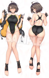 Rule 34 | 1girl, ahoge, alternate costume, ass, azur lane, back, baltimore (azur lane), bare shoulders, black gloves, black hair, black jacket, black one-piece swimsuit, blush, bob cut, braid, breasts, brown hair, collarbone, commentary request, competition swimsuit, covered navel, facing viewer, fingerless gloves, from behind, full body, gloves, gluteal fold, hair between eyes, halcon, half gloves, highleg, highleg swimsuit, highres, jacket, large breasts, looking at viewer, looking to the side, lying, off shoulder, on back, on stomach, one-piece swimsuit, open clothes, open jacket, open mouth, partially fingerless gloves, sample watermark, short hair, side braid, simple background, solo, swimsuit, thigh gap, thighs, toes, watermark, white background, yellow eyes