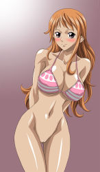 Rule 34 | 1girl, bikini, bikini top only, blush, bottomless, breasts, brown eyes, casual nudity, censored, denim, highres, hot, huge breasts, long hair, nami (one piece), navel, nel-zel formula, nipples, one piece, orange hair, pussy, smile, solo, swimsuit