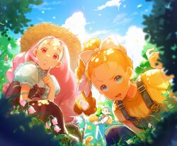 Rule 34 | 1boy, 2girls, :o, animal, backpack, backwards hat, bag, baseball cap, basket, bird, black hair, blonde hair, blue eyes, blue headwear, blue overalls, blurry, bokujou monogatari, bow, braid, braided ponytail, bug, butterfly, chick, cloud, curious, dappled sunlight, day, depth of field, dog, dress, flower, hair bow, hairband, hand up, hat, highres, holding, holding basket, insect, long hair, looking at viewer, multiple girls, nature, neckerchief, nshi, open mouth, outdoors, overalls, pete (bokujou monogatari), pink flower, pink hair, popuri (bokujou monogatari), puffy short sleeves, puffy sleeves, ran (bokujou monogatari), red dress, red eyes, red neckerchief, shirt, short hair, short sleeves, single braid, squatting, standing, straw hat, sunlight, sweat, white bow, white shirt, yellow shirt