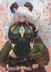 Rule 34 | 1girl, belt, big hair, black shorts, blue eyes, breasts, character request, cleavage cutout, closed mouth, clothing cutout, copyright request, covered collarbone, covered navel, curled horns, curly hair, gauntlets, giant gauntlets, green leotard, heattech leotard, heterochromia, highleg, highleg leotard, highres, horns, huge breasts, jewelry, leotard, leotard under clothes, long hair, looking at viewer, messy hair, necklace, outdoors, pink eyes, shorts, solo, tezy8art, thighhighs, toned, torn clothes, torn shorts, turtleneck, very long hair, white hair