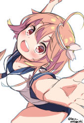 Rule 34 | 1girl, ahoge, blue sailor collar, blush, breasts, hair ornament, i-58 (kancolle), kantai collection, laco soregashi, one-hour drawing challenge, one-piece swimsuit, open mouth, pink hair, red eyes, sailor collar, school swimsuit, short hair, short sleeves, simple background, solo, swimsuit, swimsuit under clothes, twitter username, white background