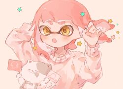 Rule 34 | 1girl, :o, arms up, collarbone, commentary request, dot nose, highres, inkling, inkling girl, inkling player character, li&#039;l judd (splatoon), long hair, nintendo, open mouth, pink hair, pink sweater, simple background, splatoon (series), star (symbol), sweater, thick eyebrows, white background, yellow eyes, yksb inc6