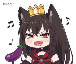 Rule 34 | 1girl, :d, animal ears, black hair, blush, braid, chibi, commentary, crown, dark persona, eggplant, fang, fox ears, hololive, kukie-nyan, kurokami fubuki, long hair, musical note, open mouth, red eyes, simple background, smile, solo, twitter username, upper body, virtual youtuber, white background