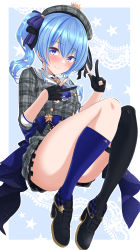Rule 34 | 1girl, absurdres, ascot, asymmetrical legwear, beret, blue ascot, blue choker, blue eyes, blue hair, blush, boots, bow, breasts, choker, collared shirt, crown, fold-over boots, gloves, grey hat, hair between eyes, hat, high heel boots, high heels, highres, hololive, hoshimachi suisei, hoshimachi suisei (1st costume), jewelry, kneehighs, long hair, looking at viewer, mismatched legwear, mp150 plus, partially fingerless gloves, pendant, plaid, ribbon, shirt, side ponytail, single kneehigh, single sock, single thighhigh, smile, socks, solo, star (symbol), star in eye, symbol in eye, thigh strap, thighhighs, thighs, uneven legwear, virtual youtuber