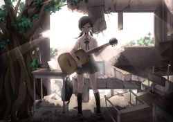 Rule 34 | 1girl, acoustic guitar, alternate hairstyle, backlighting, bad id, bad pixiv id, black hair, black socks, chair, crying, crying with eyes open, desk, guitar, gumi, highres, holding, ichinose yukino, instrument, nature, parted bangs, picture frame, red eyes, ribbon, rubble, ruins, sad, school uniform, shoes, short hair, skirt, smile, socks, solo, swept bangs, tears, tree, twintails, uwabaki, vocaloid