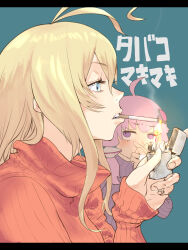 Rule 34 | 2girls, ahoge, blonde hair, blue background, blue eyes, blush, character name, commentary request, eye reflection, fire, from side, glaring, hair ornament, hand up, highres, holding, holding lighter, letterboxed, lighter, lighting cigarette, long hair, long sleeves, looking at another, mashima jirou, mouth hold, multiple girls, nose pinch, profile, purple eyes, purple hair, purple sweater, red sweater, reflection, short hair with long locks, smoking, sweater, translation request, tsurumaki maki, turtleneck, turtleneck sweater, upper body, v-shaped eyebrows, vocaloid, voiceroid, yuzuki yukari