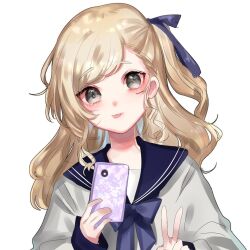 Rule 34 | 1girl, :d, blonde hair, blue bow, blue bowtie, blue collar, blue ribbon, bow, bowtie, cellphone, collar, curly hair, grey eyes, hair ribbon, head tilt, highres, holding, holding phone, long sleeves, medium hair, open mouth, original, phone, puffy long sleeves, puffy sleeves, ribbon, ringlets, sailor collar, school uniform, selfie, shirt, side ponytail, sleeves past wrists, smartphone, smile, suzune hapinesu, tabletop rpg, tongue, tongue out, v, white shirt