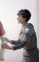 Rule 34 | 2boys, armor, bad id, bad pixiv id, black hair, blue eyes, chainmail, changye, clothes grab, dark-skinned male, dark skin, dungeon meshi, from side, highres, kabru, laios touden, layered sleeves, long sleeves, looking at another, looking away, male focus, multiple boys, open mouth, out of frame, pauldrons, plate armor, profile, short hair, short over long sleeves, short sleeves, shoulder armor, solo focus, upper body