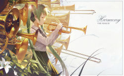 Rule 34 | 1girl, border, closed eyes, english text, flower, from side, green hair, hair ribbon, hatsune miku, instrument, kieed, lily (flower), long hair, music, outside border, playing instrument, revision, ribbon, skirt, solo, trumpet, twintails, very long hair, vocaloid, white background