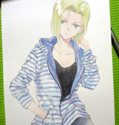 Rule 34 | 1girl, agahari, android 18, art tools in frame, black shirt, blonde hair, blue eyes, blue jacket, breasts, cleavage, collarbone, commentary request, denim, dragon ball, dragonball z, expressionless, hand in own hair, hand in pocket, hood, hood down, hooded jacket, jacket, jeans, medium breasts, multicolored clothes, multicolored jacket, open clothes, open jacket, painting (medium), pants, photo (medium), shirt, short hair, solo, striped clothes, striped jacket, traditional media, two-sided fabric, two-sided jacket, two-tone jacket, upper body, watercolor (medium), white jacket, zipper