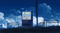 Rule 34 | blue sky, bottle, can, cloud, cola (gotouryouta), commentary request, day, drink, grass, no humans, original, paid reward available, plant, power lines, railing, scenery, sky, utility pole, vending machine