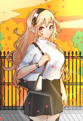 Rule 34 | 1340smile, 1girl, absurdres, alternate costume, autumn, bag, black hairband, blonde hair, breasts, casual, commentary, contemporary, corrin (female) (fire emblem), corrin (fire emblem), cropped legs, english commentary, fence, fire emblem, fire emblem fates, hairband, handbag, highres, large breasts, long hair, nintendo, pointy ears, red eyes, ribbed sweater, solo, standing, sweater, thighhighs, watch, white sweater, wristwatch