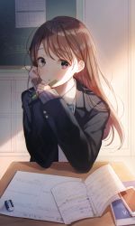 Rule 34 | 1girl, black eyes, black jacket, blazer, blue bow, blue bowtie, book, bow, bowtie, brown hair, cellphone, chalkboard, classroom, commentary request, desk, eraser, hanako151, hand on own cheek, hand on own face, highres, holding, holding pen, indoors, jacket, long hair, long sleeves, looking at viewer, open book, original, paper, parted lips, pen, phone, school desk, school uniform, sleeves past wrists, smartphone, solo, swept bangs, tombow mono, upper body