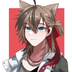 Rule 34 | 1boy, ahoge, animal ears, arknights, bishounen, blue eyes, blue sealad, brown hair, cat boy, cat ears, half updo, jewelry, male focus, necklace, red background, red ribbon, ribbon, short hair, simple background, smile, solo, stainless (arknights), tagme, upper body, white background