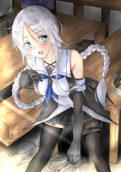 Rule 34 | 10s, 1girl, absurdres, bare shoulders, bench, black gloves, black skirt, black thighhighs, blue eyes, blue neckerchief, blush, braid, breasts, chair, collared shirt, elbow gloves, eyebrows, food, food on face, gloves, hand on own chest, highres, indoors, kantai collection, long hair, medium breasts, mole, mole under eye, neckerchief, open mouth, pleated skirt, riyo (ryon 96), school uniform, serafuku, shirt, silver hair, single braid, skirt, sleeveless, sleeveless shirt, smile, solo, sunligh, sunlight, television, thighhighs, umikaze (kancolle), very long hair
