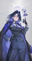 Rule 34 | 1girl, absurdres, alternate costume, black gloves, blue cape, blue hair, cape, cowboy shot, earrings, formal, gloves, gogu 10003, hair intakes, halo, highres, hololive, hololive english, hourglass, jewelry, looking at viewer, mechanical halo, necktie, ouro kronii, pant suit, pants, short hair, simple background, solo, suit, virtual youtuber, watch, wristwatch