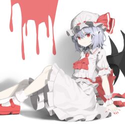 Rule 34 | 1girl, ascot, blood, blue hair, bow, chinese commentary, closed mouth, commentary request, demon wings, dress, hat, hat bow, highres, maidcode1023, medium hair, pale skin, pointy ears, puffy short sleeves, puffy sleeves, red ascot, red bow, red brooch, red eyes, red footwear, red nails, remilia scarlet, short sleeves, sitting, solo, touhou, white dress, white hat, white wrist cuffs, wings, wrist cuffs