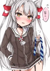 Rule 34 | 1girl, amatsukaze (kancolle), black panties, brown dress, chigasaki yukari, commentary request, cowboy shot, dress, garter straps, gloves, hair tubes, hand on own hip, highres, holding neckwear, kantai collection, lifebuoy, long hair, looking at viewer, necktie, panties, sailor dress, see-through, short dress, side-tie panties, silver hair, simple background, single glove, smokestack hair ornament, solo, standing, swim ring, translation request, two side up, underwear, unworn necktie, white background, white gloves