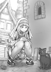 Rule 34 | 1girl, absurdres, alley, anus, blush, cat, closed mouth, dodomesu, dress, female focus, female pubic hair, full body, garter straps, greyscale, habit, have to pee, highres, interlocked fingers, jewelry, knees together feet apart, long sleeves, monochrome, mouse (animal), necklace, original, outdoors, outline, own hands together, panties, panty pull, pubic hair, pussy, shoes, short hair, solo, squatting, sweat, tears, thighhighs, uncensored, underwear, white outline, window